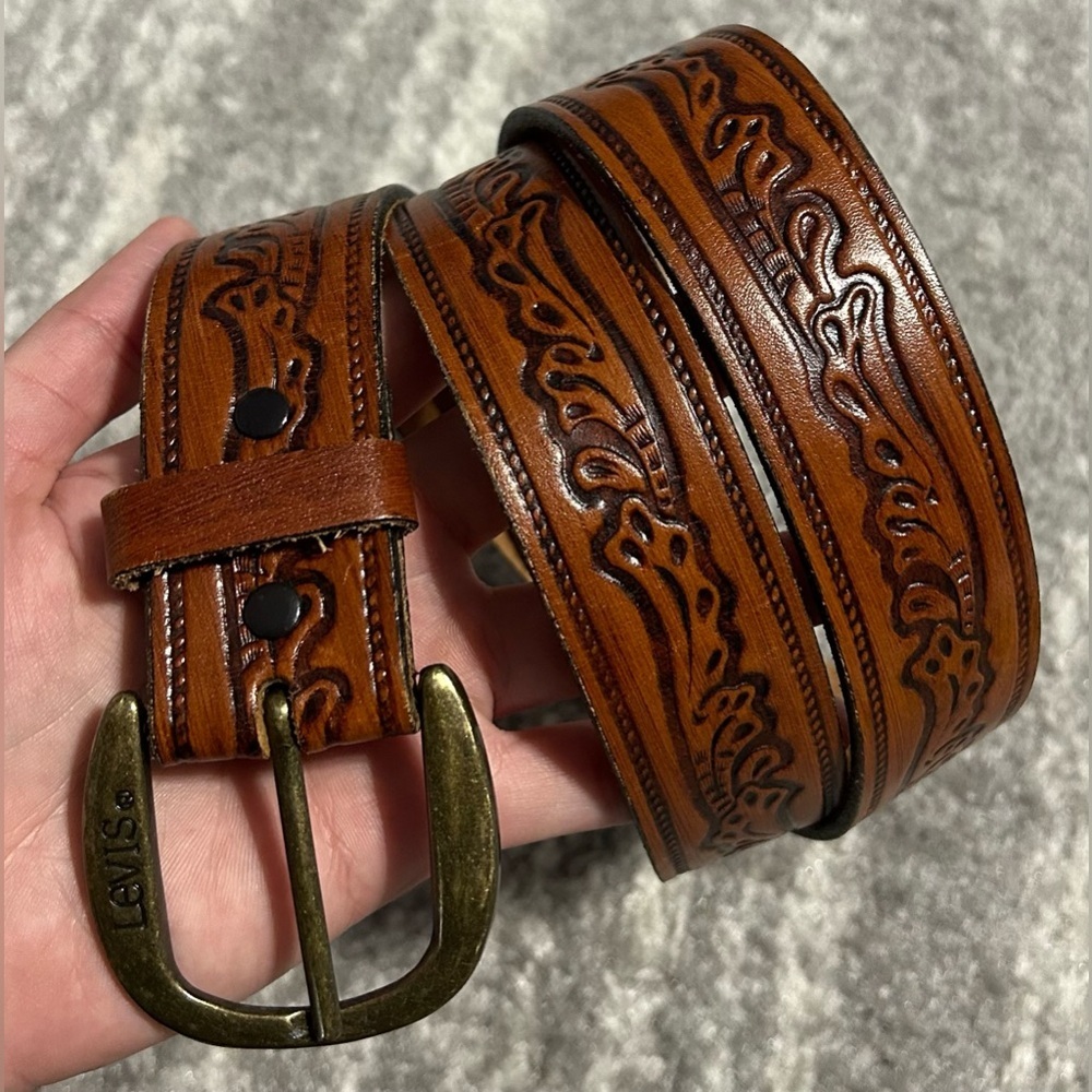 Levis Tooled Leather Belt Mens Sz 42 Brown Western Cowboy Buckle Adjustable
